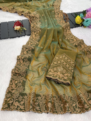 K 5 FASHION Embellished, Self Design Bollywood Tissue Saree(Green)