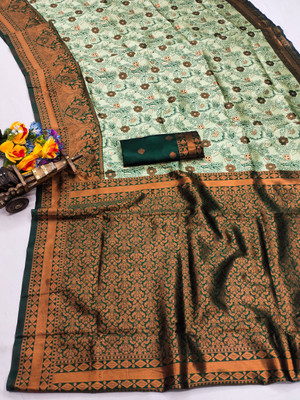 Sample Floral Print, Woven Banarasi Jacquard Saree(Light Green, Dark Green)