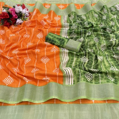 KANDORA Printed Bollywood Cotton Blend Saree(Orange)