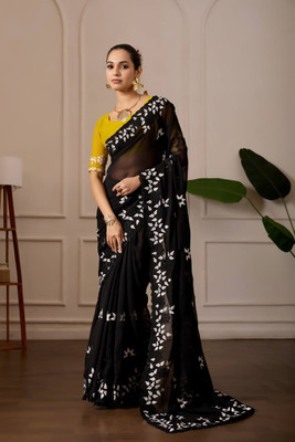 SILKORA Embroidered Bollywood Georgette Saree(Black)