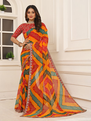 Kanooda Prints Embellished Leheria Chiffon Saree(Multicolor)