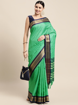 Pandadi Saree Checkered Daily Wear Cotton Silk Saree(Light Green)