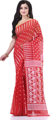 TANTLOOM Woven Jamdani Handloom Cotton Blend Saree(Red)