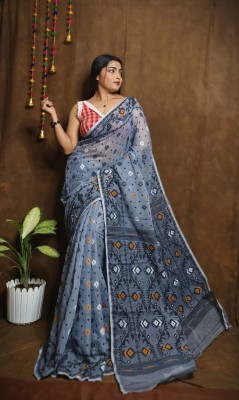 binita Self Design Handloom Cotton Blend Saree(Grey)