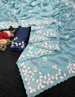 ruhu fashion Embroidered Handloom Chiffon Saree(Blue)