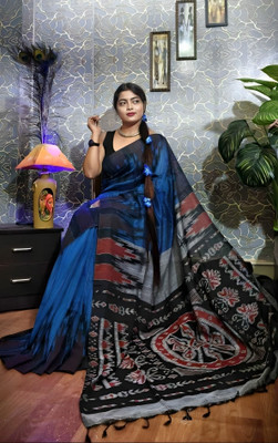 RM CREATION Printed Ikkat Cotton Blend Saree(Blue)