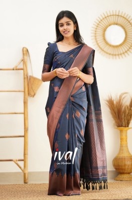 HEER FASHION Self Design Banarasi Pure Silk Saree(Dark Blue)