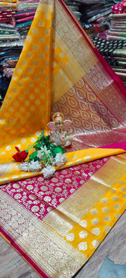 Dulhan Collection Self Design Banarasi Silk Blend Saree(Red, Orange)