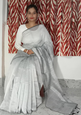 Fashion Wear Solid/Plain Handloom Silk Blend Saree(Grey)