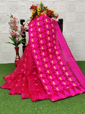 Rasiyari Woven Jamdani Cotton Silk Saree(Pink)