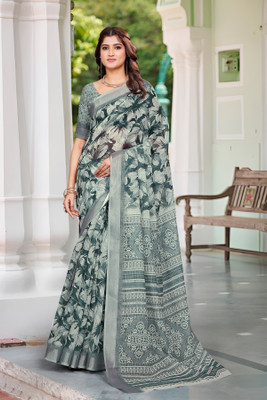 Vinayak Textile Printed Bollywood Linen Saree(Green)