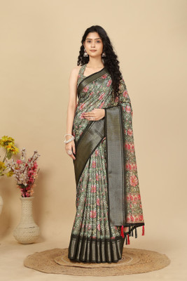 HouseOfCommon Floral Print Madhubani Cotton Silk Saree(Grey)