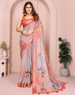 Nandoshni Floral Print Bollywood Cotton Linen Saree(Orange)