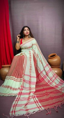 LDma Woven, Self Design Handloom Handloom Cotton Blend Saree(Light Green, Red)