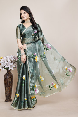 saanvi Floral Print Bollywood Silk Blend Saree(Grey)