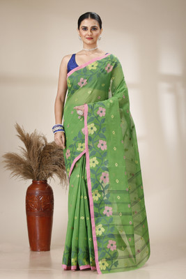 DENLINFABRICS Woven Tant Cotton Blend Saree(Green)