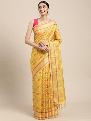 ishika fab Embroidered, Woven Banarasi Organza Saree(Yellow)