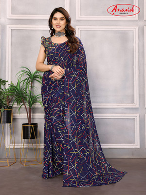 Anand Sarees Printed Bollywood Georgette Saree(Dark Blue)