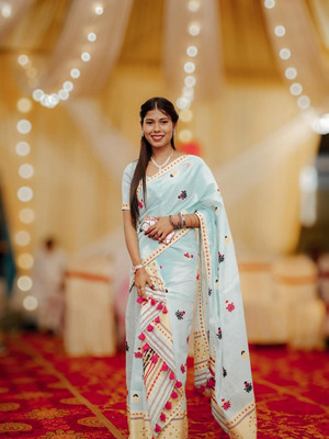 Sheden Lopez Creation Woven Mekhela Chador Cotton Blend Saree(Light Blue)