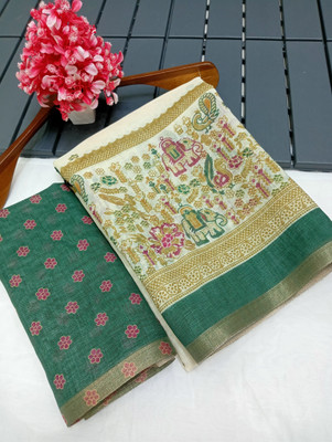 AARAANA Woven, Printed Kanjivaram Linen Saree(Blue, Cream)