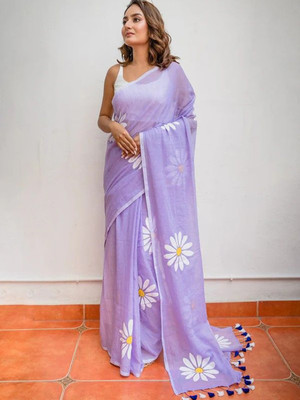 Anjaneya Sarees Printed Bollywood Linen Saree(Purple, White, Yellow)