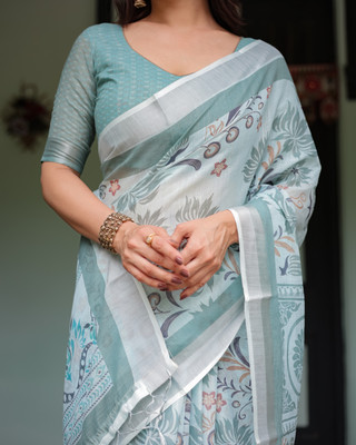 ALMAARI FASHION Digital Print Jamdani Cotton Linen Saree(Light Blue)