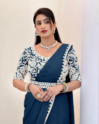 RamKrupa Creation Embellished, Solid/Plain Bhagalpuri Silk Blend Saree(Dark Blue)