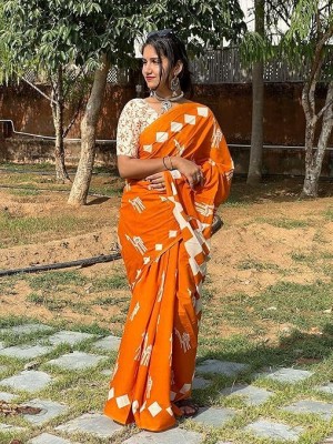 BUTTA'S Printed Handloom Cotton Blend Saree(Orange)