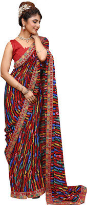 Priyashi Printed Daily Wear Georgette, Lace Saree(Red)