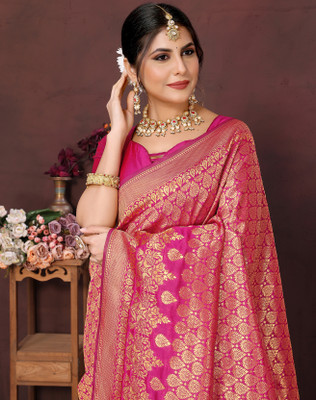 YASHIKA Self Design Kanjivaram Silk Blend Saree(Pink)