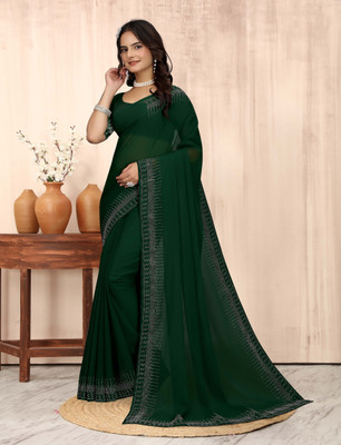 DHRAM CREATION Solid/Plain, Self Design, Dyed, Embellished Bollywood Georgette Saree(Green)