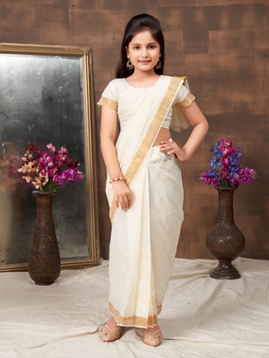 Aarika Solid/Plain Bollywood Cotton Blend Saree(Cream)
