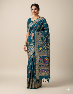 KALIPATRA Woven, Temple Border, Solid/Plain Baluchari Art Silk Saree(Blue)