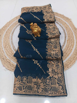 RIDDHI CREATIVE Embroidered Bollywood Georgette Saree(Dark Blue)