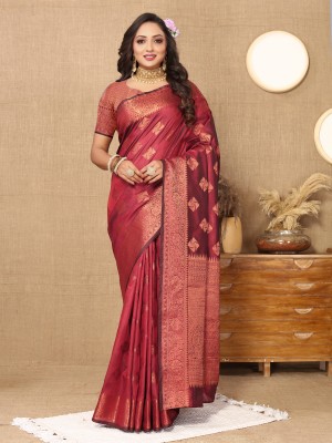 DRAVYA WOMEN Woven, Striped, Applique Bollywood Silk Blend, Art Silk Saree(Maroon)