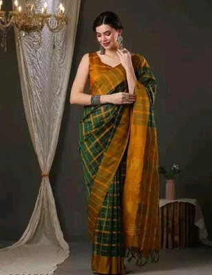 Pooja Designer Wear Checkered Daily Wear Chanderi, Cotton Silk Saree(Green, Yellow)