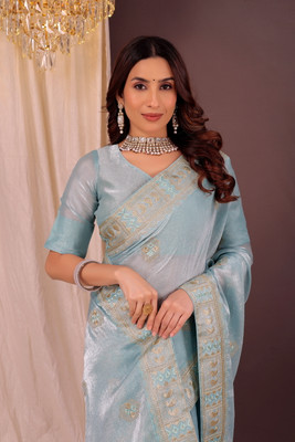 Suali Temple Border Bollywood Jimmy choo Saree(Light Blue)