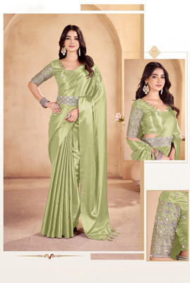 CELEUM Embroidered Bollywood Satin Saree(Light Green)