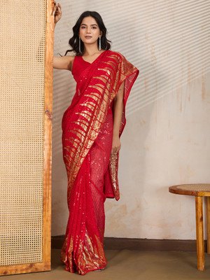 Clemira Embellished Bollywood Georgette Saree(Red)