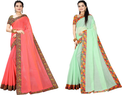 manish Solid/Plain Chanderi Cotton Blend Saree(Pack of 2, Pink, Light Green)