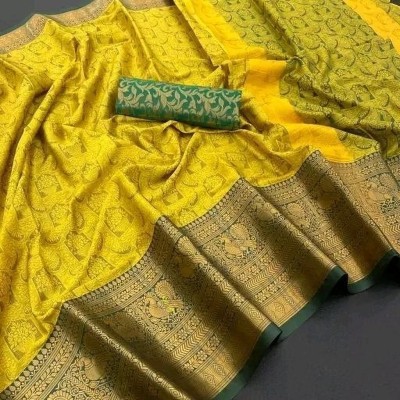 Aquiliq Woven Dharmavaram Cotton Silk Saree(Yellow)