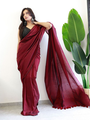 ANOUK Solid/Plain Chanderi Cotton Blend Saree(Maroon)