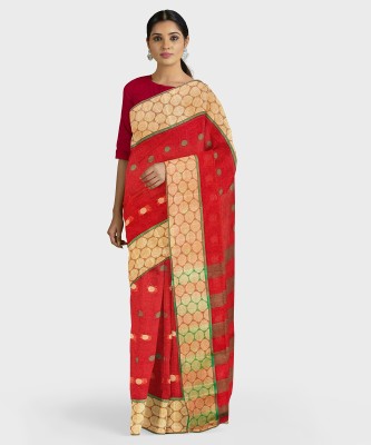 PuJoy Woven Daily Wear Pure Silk, Pure Cotton Saree(Red)