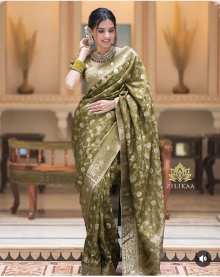 ZILVIRA Woven Kanjivaram Pure Silk, Art Silk Saree(Green)