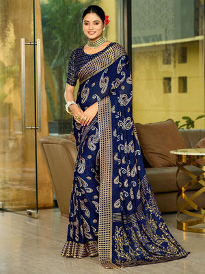 ANOUK Printed Daily Wear Georgette Saree(Dark Blue)
