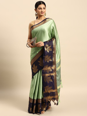 VILLAGIUS Embellished, Floral Print, Printed, Self Design, Temple Border, Solid/Plain, Woven Kanjivaram Cotton Silk, Art Silk Saree(Dark Green)