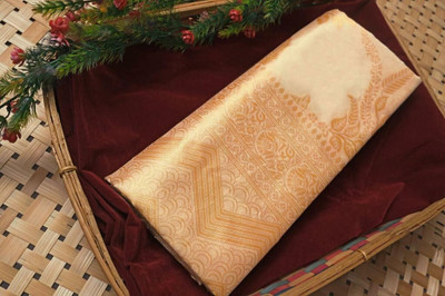 Anjaneya Sarees Woven Bollywood Silk Blend Saree(Beige)