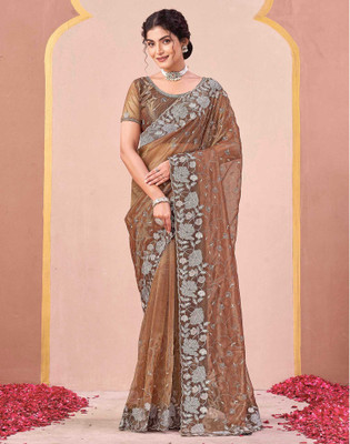 Satrani Embroidered, Embellished Bollywood Net Saree(Brown)