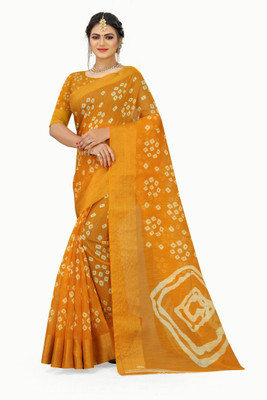 Grubstaker Printed Daily Wear Cotton Blend Saree(Yellow)