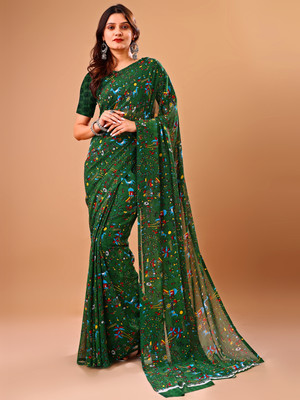 VIBHAGYAA Printed Daily Wear Chiffon Saree(Green)